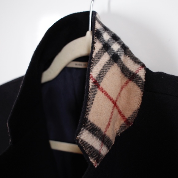 Burberry Black Wool Overcoat Check Collar Size 40R